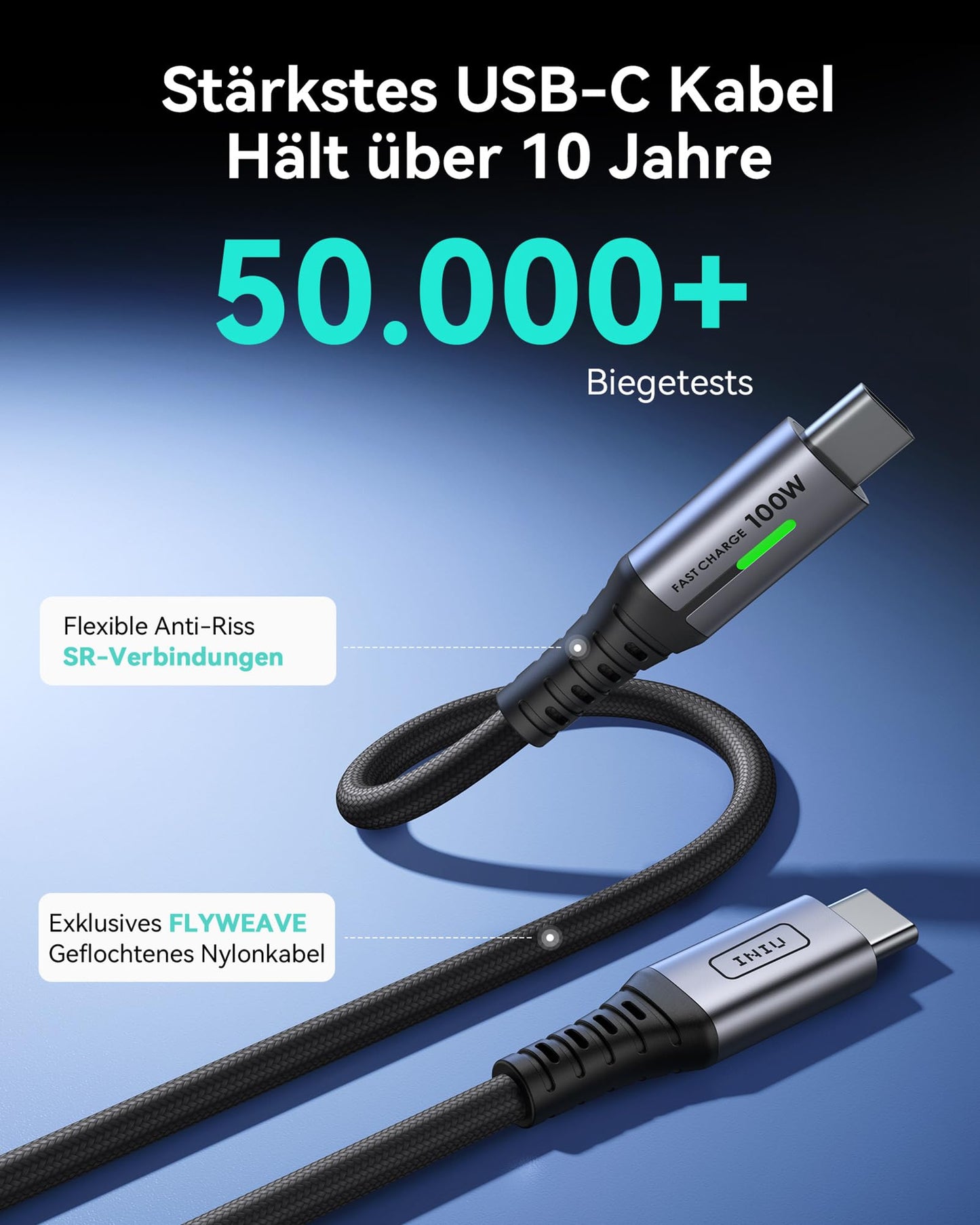 USB-C Ladekabel 100W [2m], PD3.0 Schnellladekabel, Nylon Geflochten, Langlebiges Lade- & Datenkabel für Smartphones, Tablets & Laptops