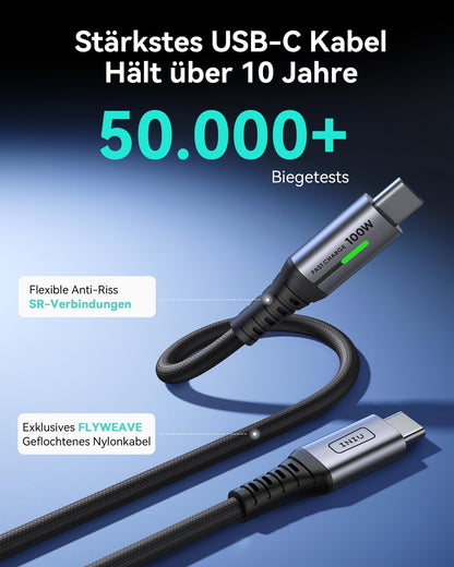 USB-C Ladekabel 100W [2m], PD3.0 Schnellladekabel, Nylon Geflochten, Langlebiges Lade- & Datenkabel für Smartphones, Tablets & Laptops