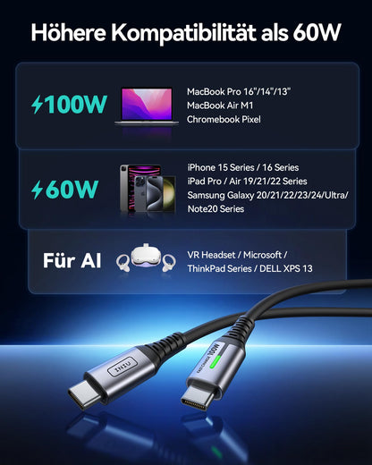 USB-C Ladekabel 100W [2m], PD3.0 Schnellladekabel, Nylon Geflochten, Langlebiges Lade- & Datenkabel für Smartphones, Tablets & Laptops
